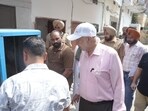 Punjab health minister Dr Balbir Singh on Sunday visited Patiala’s Nabha block, which alone has reported 85 cases, to review containment measures and inspect the affected areas. (HT)