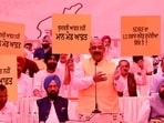 The Punjab unit of the Bharatiya Janata Party (BJP) organised a “Janata ki Vidhan Sabha” (people’s assembly), a mock session of Punjab assembly in which the party demanded CBI probe into the “missing” SDRF funds worth  <span class='webrupee'>₹</span>12,000 crore. (Keshav Singh/HT)