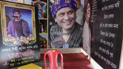 A pavilion with photographs of deceased singer Zubeen Garg, at the entrance of a community Durga Puja pandal, in Guwahati, Assam, on Sept 29 (PTI) A pavilion with photographs of deceased singer Zubeen Garg, at the entrance of a community Durga Puja pandal, in Guwahati, Assam, on Sept 29 (PTI)