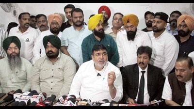 AAP MLA Ashok Parashar Pappi addressing mediapersons in Ludhiana on Monday. (HT photo)