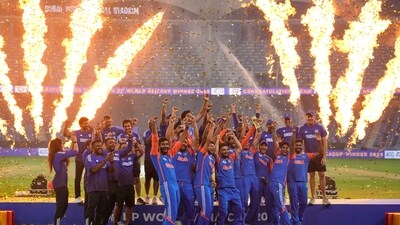 Team India celebrates after winning the Asia Cup cricket final against Pakistan at Dubai International Cricket Stadium, United Arab Emirates, Sunday, Sept. 28, 2025. (AP/PTI)(AP09_29_2025_000071A) (AP) Team India celebrates after winning the Asia Cup cricket final against Pakistan at Dubai International Cricket Stadium, United Arab Emirates, Sunday, Sept. 28, 2025. (AP/PTI)(AP09_29_2025_000071A) (AP)