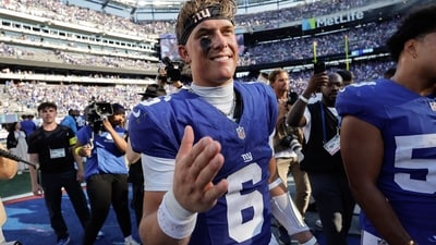 New York Giants quarterback Jaxson Dart on the field after defeating the Los Angeles Chargers in an NFL football game. (AP) New York Giants quarterback Jaxson Dart on the field after defeating the Los Angeles Chargers in an NFL football game. (AP)