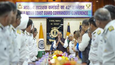 Defence minister Rajnath Singh at the Indian Coast Guard Commanders’ Conference at Coast Guard headquarters in New Delhi on Sept. 29 (PTI)
