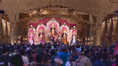 Durga Puja celebrations at the Cooperative Ground Durga Puja Samiti, CR Park on Sunday. (Sanjeev Verma/HT Photo) Durga Puja celebrations at the Cooperative Ground Durga Puja Samiti, CR Park on Sunday. (Sanjeev Verma/HT Photo)