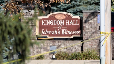 The front sign of the Church of Jesus Christ of Latter-day Saints is visible as emergency services respond to a shooting and fire that occurred on Sunday. (Bill Pugliano/AFP) The front sign of the Church of Jesus Christ of Latter-day Saints is visible as emergency services respond to a shooting and fire that occurred on Sunday. (Bill Pugliano/AFP)