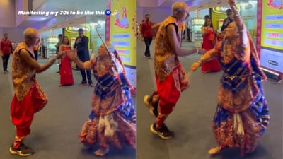 In colourful traditional outfits, the elderly couple brought energy and joy to the garba night. (@_mittal.jain_/Instagram) In colourful traditional outfits, the elderly couple brought energy and joy to the garba night. (@_mittal.jain_/Instagram)