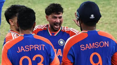India's Kuldeep Yadav (C) celebrates with teammates. (AFP) India's Kuldeep Yadav (C) celebrates with teammates. (AFP)