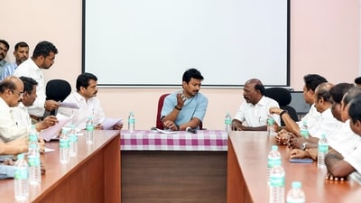 Tamil Nadu Deputy Chief Minister Udhayanidhi Stalin conducts the consultation meeting with Ministers, medical department officials and the medical team at the Karur Government Hospital, in Karur on Sunday. (@Udhaystalin) Tamil Nadu Deputy Chief Minister Udhayanidhi Stalin conducts the consultation meeting with Ministers, medical department officials and the medical team at the Karur Government Hospital, in Karur on Sunday. (@Udhaystalin)