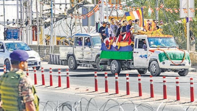 Mortal remains of a Kargil War veteran killed during the protests being taken for last rites amid curfew, in Leh on Monday. (PTI) Mortal remains of a Kargil War veteran killed during the protests being taken for last rites amid curfew, in Leh on Monday. (PTI)