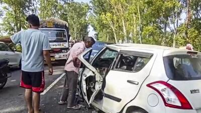 One of the cars involved in the accident near Ghararsi village on the Dhand-Kurukshetra road in Haryana on Monday. (PTI Photo)