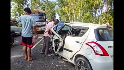 One of the cars involved in the accident near Ghararsi village on the Dhand-Kurukshetra road in Haryana on Monday. (PTI) One of the cars involved in the accident near Ghararsi village on the Dhand-Kurukshetra road in Haryana on Monday. (PTI)