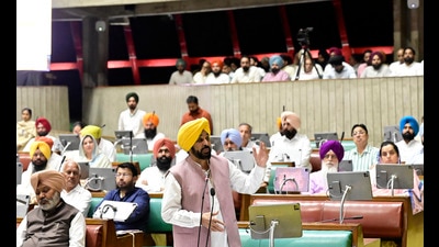Punjab chief minister Bhagwant Mann addressing the House on the last day of the special assembly session in Chandigarh on Monday. (Ravi Kumar/HT)