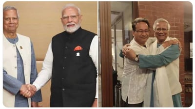 Photos shared by Sonam Wangchuk's wife Gitanjali Angmo on X show Bangladesh leader Mohammed Yunus with PM Modi and Wangchuk. (X/@GitanjaliAngmo/AFP/Insta) Photos shared by Sonam Wangchuk's wife Gitanjali Angmo on X show Bangladesh leader Mohammed Yunus with PM Modi and Wangchuk. (X/@GitanjaliAngmo/AFP/Insta)