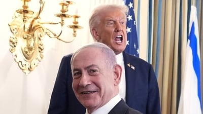 Donald Trump and Benjamin Netanyahu, in foreground, in the State Dining Room of the White House, Monday. (AP) Donald Trump and Benjamin Netanyahu, in foreground, in the State Dining Room of the White House, Monday. (AP)