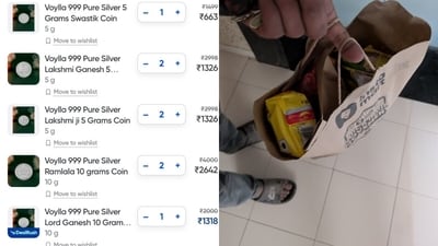 An X user claimed Swiggy messed up a silver coin delivery twice, first sending snacks, then partly incorrect coins. (X/@DealsDhamaka) An X user claimed Swiggy messed up a silver coin delivery twice, first sending snacks, then partly incorrect coins. (X/@DealsDhamaka)