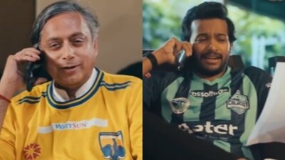 Shashi Tharoor featured with Basil Joseph in a Kerala Soccer League promo that went viral. (X/@ShashiTharoor) Shashi Tharoor featured with Basil Joseph in a Kerala Soccer League promo that went viral. (X/@ShashiTharoor)