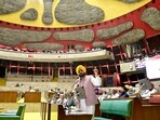   Punjab chief minister Bhagwant Mann addressing the House on the concluding day of the special assembly session in Chandigarh on Monday. (Ravi Kumar/HT)