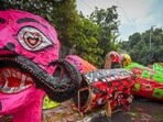 Effigies of Ravana lie drenched in the downpour at Tagore Garden in New Delhi, on Tuesday. (Sanchit Khanna/HT Photo)