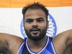 India's Sumit Antil after winning the men's javelin gold in the F64 category at the World Para Athletics Championships in New Delhi on Tuesday. (PTI)