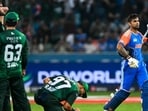 Pakistani players celebrate the dismissal of India skipper Suryakumar Yadav (R) in the T20 Asia Cup final in Dubai on Sunday. (AFP) Pakistani players celebrate the dismissal of India skipper Suryakumar Yadav (R) in the T20 Asia Cup final in Dubai on Sunday. (AFP)