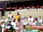Punjab chief minister Bhagwant Mann addressing the House on the last day of the special assembly session in Chandigarh on Monday. (Ravi Kumar/HT) Punjab chief minister Bhagwant Mann addressing the House on the last day of the special assembly session in Chandigarh on Monday. (Ravi Kumar/HT)