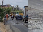 The footage shows the patched surface giving way, with water pooling and seepage visible. The footage shows the patched surface giving way, with water pooling and seepage visible.