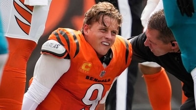 Cincinnati Bengals quarterback Joe Burrow grimaces after a sack. (AP) Cincinnati Bengals quarterback Joe Burrow grimaces after a sack. (AP)