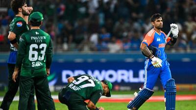 Pakistani players celebrate the dismissal of India skipper Suryakumar Yadav (R) in the T20 Asia Cup final in Dubai on Sunday. (AFP) Pakistani players celebrate the dismissal of India skipper Suryakumar Yadav (R) in the T20 Asia Cup final in Dubai on Sunday. (AFP)