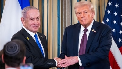 The plan was introduced during Netanyahu’s visit to the White House on Monday. (Bloomberg) The plan was introduced during Netanyahu’s visit to the White House on Monday. (Bloomberg)