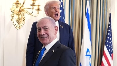 Donald Trump and Benjamin Netanyahu, in foreground, in the State Dining Room of the White House, Monday. (AP) Donald Trump and Benjamin Netanyahu, in foreground, in the State Dining Room of the White House, Monday. (AP)