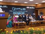 VIT Chancellor Dr G. Viswanathan with dignitaries at the inauguration of graVITas 2025, a three-day techno-management fest in Vellore.