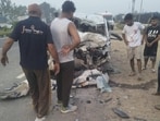 The mangled remains of the vehicle after it rammed into a truck parked on the roadside in Muzaffarnagar district on Wednesday. (HT Photo) The mangled remains of the vehicle after it rammed into a truck parked on the roadside in Muzaffarnagar district on Wednesday. (HT Photo)