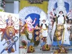 In the pandal, Mahishasur Mardini Maa Durga was seen slaying a ‘demon’ – the US tariffs.