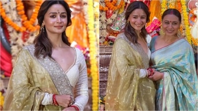 Alia Bhatt stuns in olive aaree at Durga pandal in Mumbai. (Instagram) Alia Bhatt stuns in olive aaree at Durga pandal in Mumbai. (Instagram)