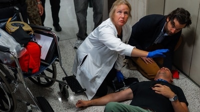 A photojournalist was hospitalized after being shoved to the ground by masked federal agents in NYC. (AP) A photojournalist was hospitalized after being shoved to the ground by masked federal agents in NYC. (AP)