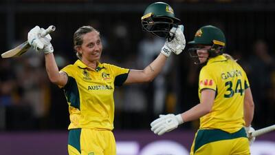 Australia's Ashleigh Gardner celebrates her century in the ICC Women's Cricket World Cup match against New Zealand at the Holkar Cricket Stadium in Indore on Wednesday. (AP) Australia's Ashleigh Gardner celebrates her century in the ICC Women's Cricket World Cup match against New Zealand at the Holkar Cricket Stadium in Indore on Wednesday. (AP)