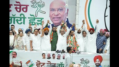 Former minister Anil Joshi on Wednesday joined the Congress in the presence of the party’s state in-charge and former Chhattisgarh chief minister Bhupesh Baghel and other state leaders here. (HT Photo) Former minister Anil Joshi on Wednesday joined the Congress in the presence of the party’s state in-charge and former Chhattisgarh chief minister Bhupesh Baghel and other state leaders here. (HT Photo)