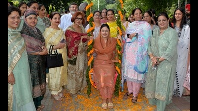 Gurpreet Kaur Mann, wife of Punjab chief minister Bhagwant Mann, at the mela in Ludhiana on Wednesday. (Manish/HT) Gurpreet Kaur Mann, wife of Punjab chief minister Bhagwant Mann, at the mela in Ludhiana on Wednesday. (Manish/HT)