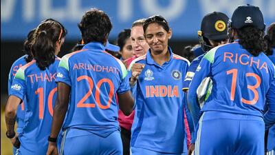 India skipper Harmanpreet Kaur (C) celebrates with teammates after the opening ICC Women’s ODI World Cup win over Sri Lanka in Guwahati on Tuesday. (AFP) India skipper Harmanpreet Kaur (C) celebrates with teammates after the opening ICC Women’s ODI World Cup win over Sri Lanka in Guwahati on Tuesday. (AFP)