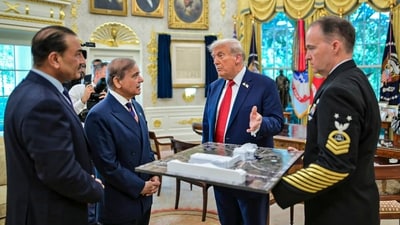 US President Donald Trump during a meeting with Pakistan Prime Minister Shehbaz Sharif and Field Marshal Asim Munir at the White House, in Washington, DC, USA (PTI) US President Donald Trump during a meeting with Pakistan Prime Minister Shehbaz Sharif and Field Marshal Asim Munir at the White House, in Washington, DC, USA (PTI)