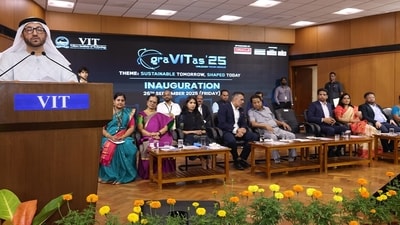 VIT Chancellor Dr G. Viswanathan with dignitaries at the inauguration of graVITas 2025, a three-day techno-management fest in Vellore.