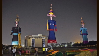 Tricity’s tallest Ravana effigy (180-ft), flanked by 100-ft tall Kumbhkaran and Meghnad effigies, at the Shalimar Ground in Sector 5, Panchkula, on Wednesday. The effigies alone cost around ₹25 lakh, with the total cost of celebrations pegged at ₹50 lakh. Haryana chief minister Nayab Singh Saini will be the chief guest here, with the effigies scheduled to be set ablaze at 6.15 pm. (Sant Arora/HT) Tricity’s tallest Ravana effigy (180-ft), flanked by 100-ft tall Kumbhkaran and Meghnad effigies, at the Shalimar Ground in Sector 5, Panchkula, on Wednesday. The effigies alone cost around ₹25 lakh, with the total cost of celebrations pegged at ₹50 lakh. Haryana chief minister Nayab Singh Saini will be the chief guest here, with the effigies scheduled to be set ablaze at 6.15 pm. (Sant Arora/HT)