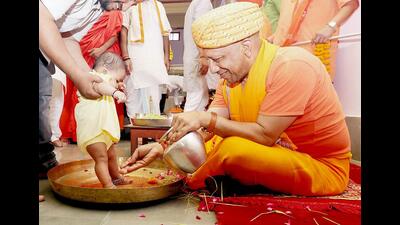UP chief minister Yogi Adityanath performs Kanya Pujan on the occasion of Navami during the Navratri festival at Gorakhnath Temple, in Gorakhpur on Wednesday. (ANI) UP chief minister Yogi Adityanath performs Kanya Pujan on the occasion of Navami during the Navratri festival at Gorakhnath Temple, in Gorakhpur on Wednesday. (ANI)