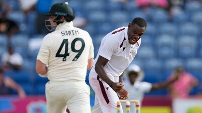 Jayden Seales celebrates the wicket of Steven Smith during the West Indies vs Australia Test series in July. (AP) Jayden Seales celebrates the wicket of Steven Smith during the West Indies vs Australia Test series in July. (AP)
