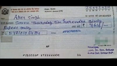 The cheque, dated September 25, was reportedly issued to a mid-day worker, identified as Atter Singh. (X) The cheque, dated September 25, was reportedly issued to a mid-day worker, identified as Atter Singh. (X)
