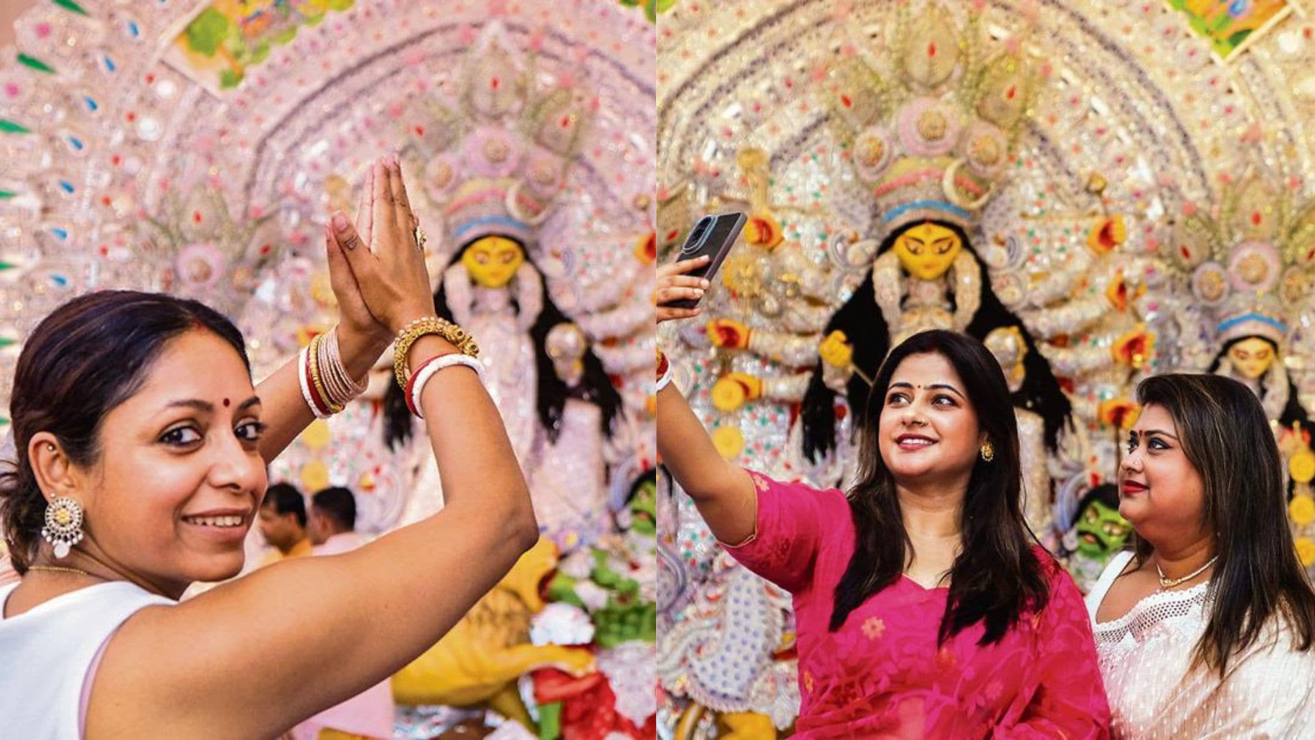 Pandals in Gurugram are compelling visitors to pose for perfect clicks while capturing the essence of the season. (Photos: Yogendra Kumar / PTI) Pandals in Gurugram are compelling visitors to pose for perfect clicks while capturing the essence of the season. (Photos: Yogendra Kumar / PTI)