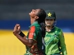 Bangladesh's Marufa Akter celebrates the wicket of Pakistan's Omaima Sohail during the ICC Women's Cricket World Cup. (AP)