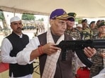 Defence minister Rajnath Singh during Shastra pooja on the occasion of Dussehra at Bhuj on Thursday. (PIB)