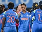 India skipper Harmanpreet Kaur (C) celebrates with teammates after the opening ICC Women’s ODI World Cup win over Sri Lanka in Guwahati on Tuesday. (AFP) India skipper Harmanpreet Kaur (C) celebrates with teammates after the opening ICC Women’s ODI World Cup win over Sri Lanka in Guwahati on Tuesday. (AFP)