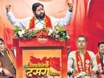 Mumbai, India - October 02, 2025: Deputy Chief Minister Eknath Shinde's faction hold its Dussehra rally at the Nesco Centre in Goregaon, inside an air-conditioned dome, to counter the threat of rain in Mumbai, India, on Thursday, October 02, 2025. (Photo by Satish Bate/ Hindustan Times) (Hindustan Times) Mumbai, India - October 02, 2025: Deputy Chief Minister Eknath Shinde's faction hold its Dussehra rally at the Nesco Centre in Goregaon, inside an air-conditioned dome, to counter the threat of rain in Mumbai, India, on Thursday, October 02, 2025. (Photo by Satish Bate/ Hindustan Times) (Hindustan Times)